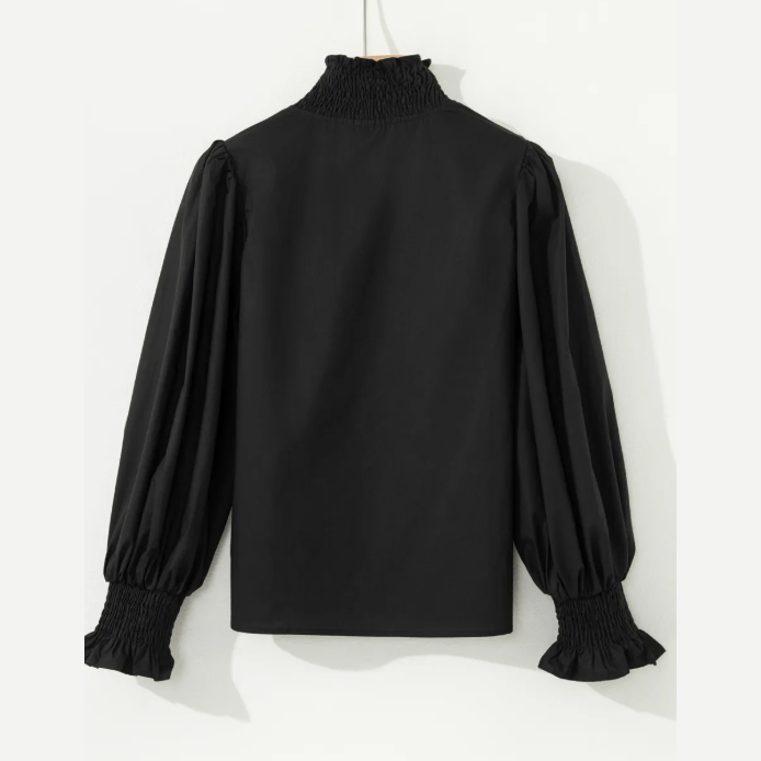 Maurissa Black Puffy Flounce Sleeve Leopard Trim V Neck Blouse