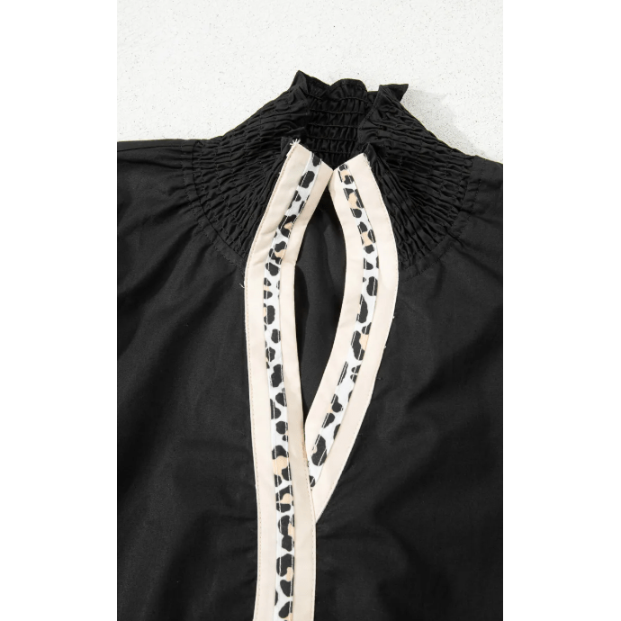 Maurissa Black Puffy Flounce Sleeve Leopard Trim V Neck Blouse