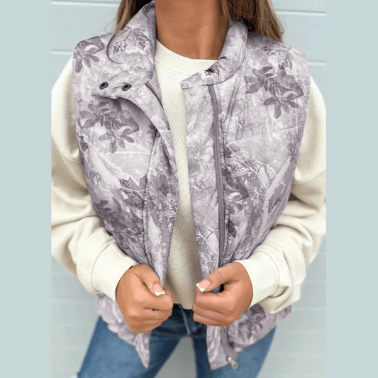 Glenna Grey Camo Leaf Print Winter Puffer Vest