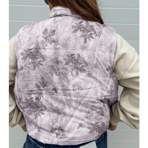 Glenna Grey Camo Leaf Print Winter Puffer Vest