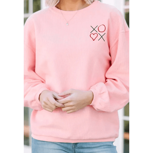 Pink 3d Ribbed XOXO Embroidered Drop Shoulder Sweatshirt