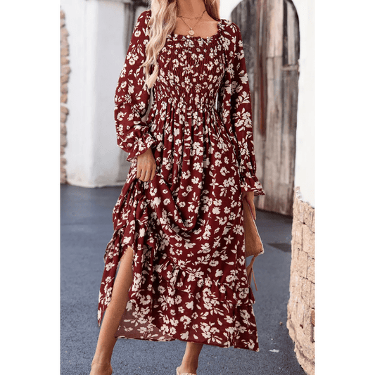 Ellowyn Red Floral Print Long Sleeve Square Neck Smocked Maxi Dress