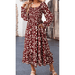 Ellowyn Red Floral Print Long Sleeve Square Neck Smocked Maxi Dress