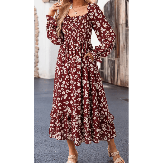 Ellowyn Red Floral Print Long Sleeve Square Neck Smocked Maxi Dress