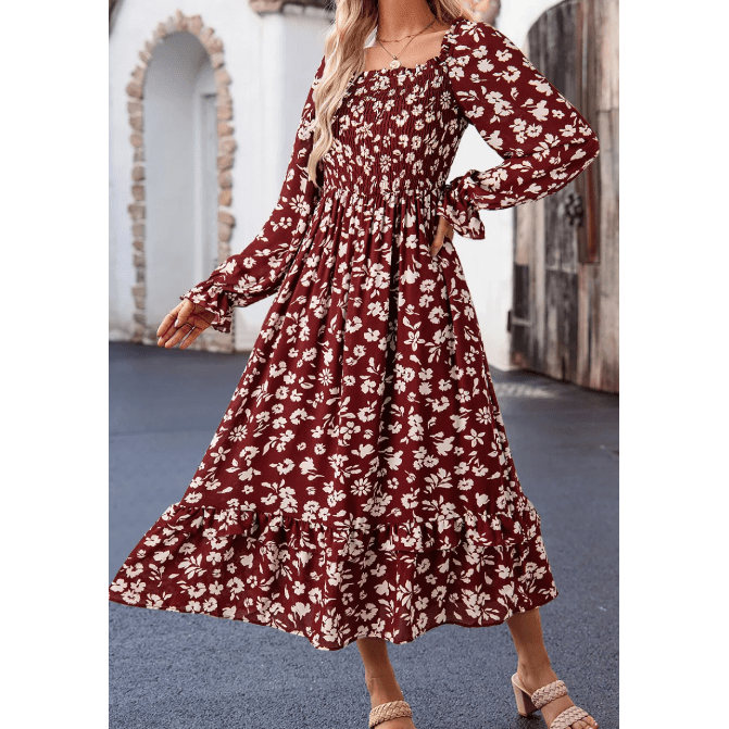 Ellowyn Red Floral Print Long Sleeve Square Neck Smocked Maxi Dress