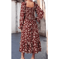 Ellowyn Red Floral Print Long Sleeve Square Neck Smocked Maxi Dress