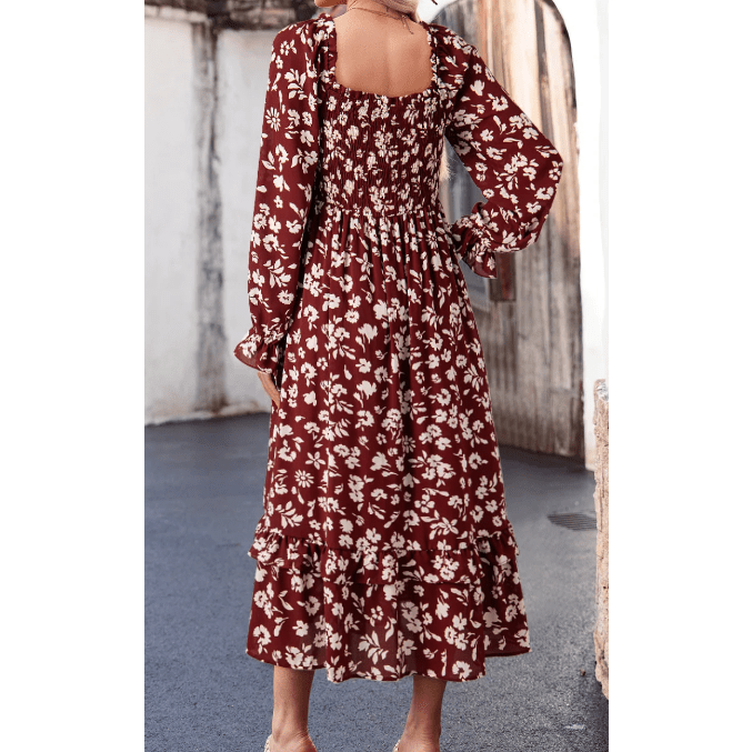 Ellowyn Red Floral Print Long Sleeve Square Neck Smocked Maxi Dress