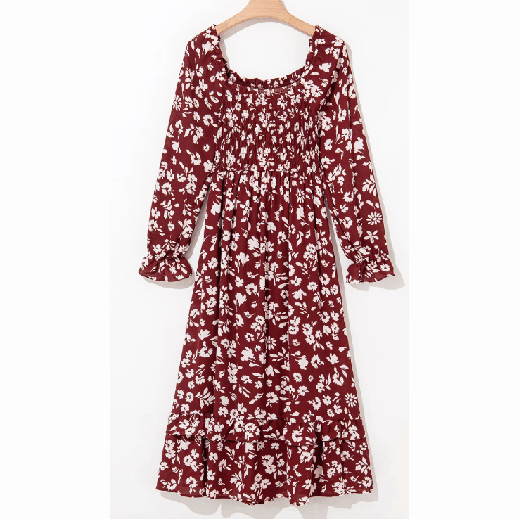 Ellowyn Red Floral Print Long Sleeve Square Neck Smocked Maxi Dress