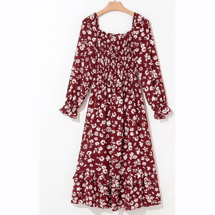 Ellowyn Red Floral Print Long Sleeve Square Neck Smocked Maxi Dress