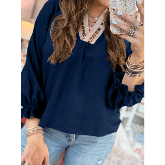 Konner Dirty Blue Leopard Trim V Neck Flounced Bracelet Sleeve Blouse