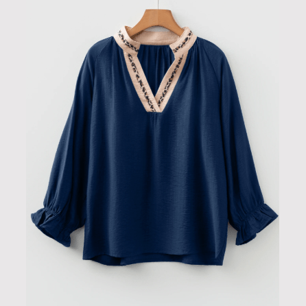 Konner Dirty Blue Leopard Trim V Neck Flounced Bracelet Sleeve Blouse