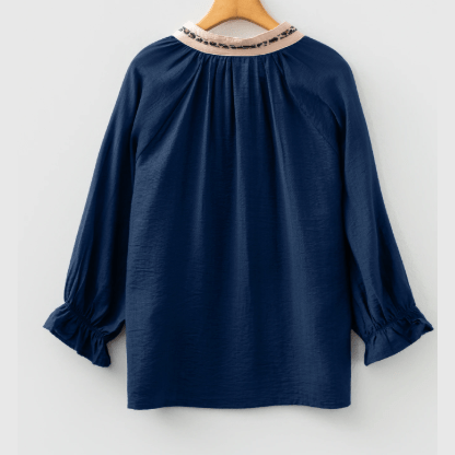 Konner Dirty Blue Leopard Trim V Neck Flounced Bracelet Sleeve Blouse