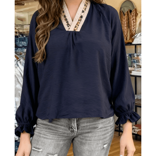 Konner Dirty Blue Leopard Trim V Neck Flounced Bracelet Sleeve Blouse