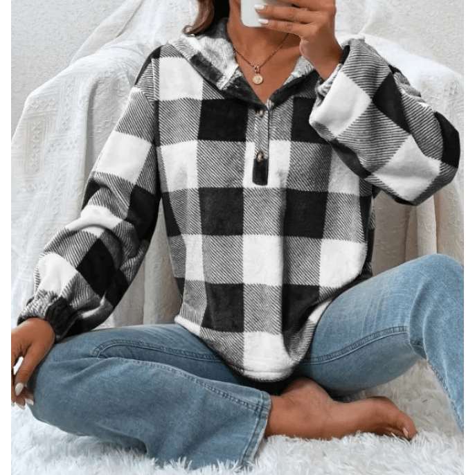 Merisha Black Checkered Hooded Casual Sweatshirt