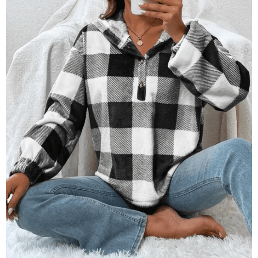 Merisha Black Checkered Hooded Casual Sweatshirt