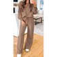 Ingrid Brown Polo Collar V Neck Pullover and Drawstring Sweatpants Set