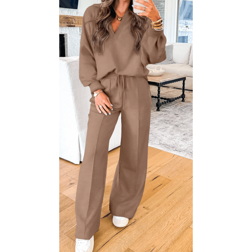 Ingrid Brown Polo Collar V Neck Pullover and Drawstring Sweatpants Set