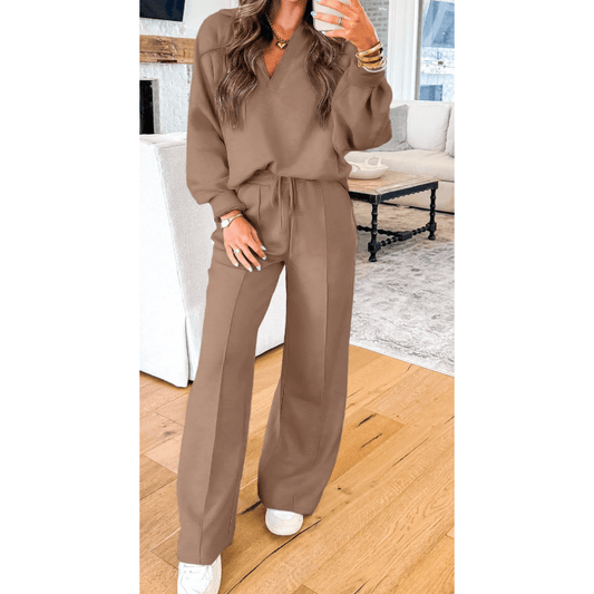 Ingrid Brown Polo Collar V Neck Pullover and Drawstring Sweatpants Set