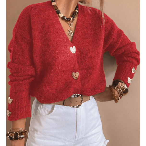 Evonne Red Heart Metal Button V Neck Cardigan