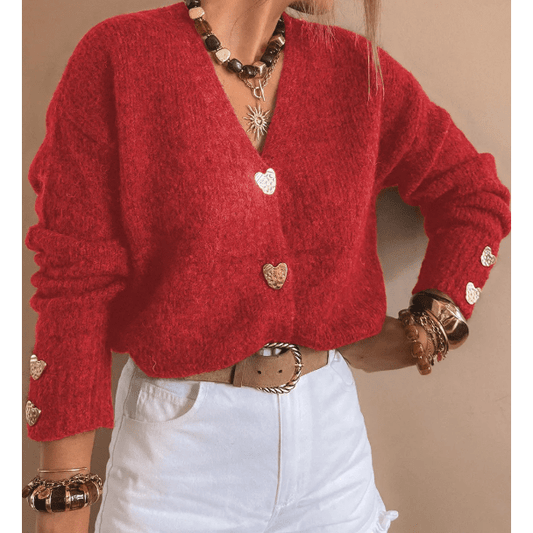 Evonne Red Heart Metal Button V Neck Cardigan