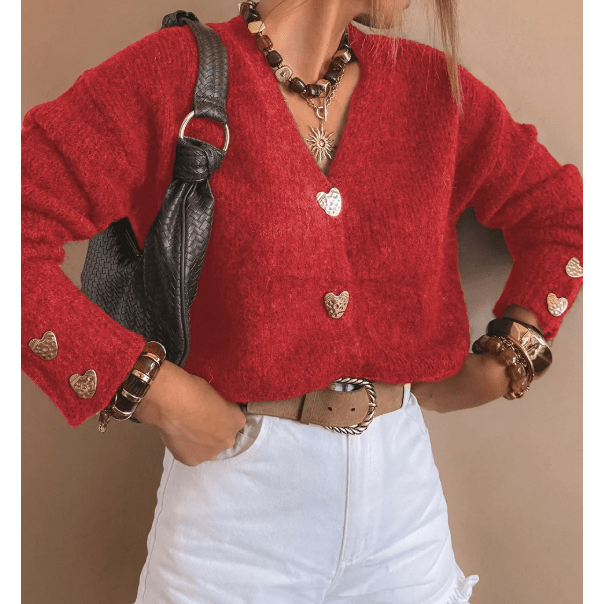 Evonne Red Heart Metal Button V Neck Cardigan