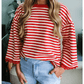 Ginger Red Striped Print Drop Shoulder Lace Trim Bracelet Sleeve Loose Top
