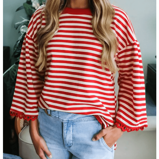 Ginger Red Striped Print Drop Shoulder Lace Trim Bracelet Sleeve Loose Top