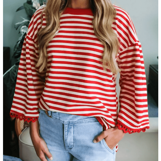 Ginger Red Striped Print Drop Shoulder Lace Trim Bracelet Sleeve Loose Top