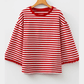 Ginger Red Striped Print Drop Shoulder Lace Trim Bracelet Sleeve Loose Top