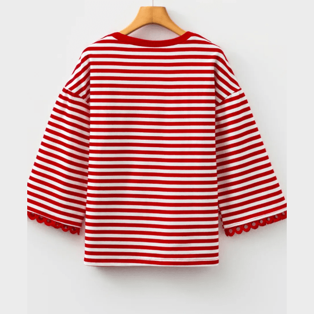 Ginger Red Striped Print Drop Shoulder Lace Trim Bracelet Sleeve Loose Top