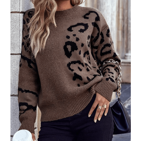 Gilda Camel Asymmetric Leopard Print Detail Drop Shoulder Sweater