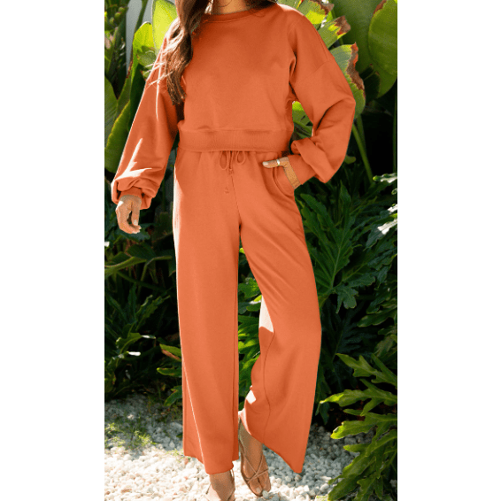 Cherie Orange Drop Shoulder Puff Sleeve Crop Pullover Drawstring Wide Leg Pants Set