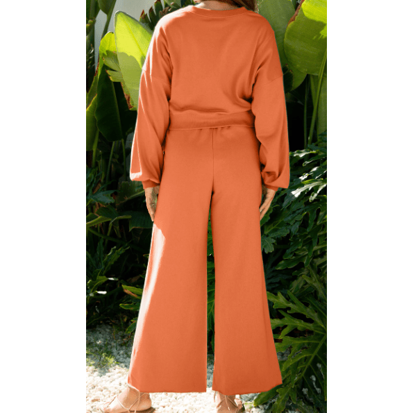 Cherie Orange Drop Shoulder Puff Sleeve Crop Pullover Drawstring Wide Leg Pants Set