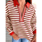 Sofia Red Striped Print Contrast Collar Zip V Neck Long Sleeve Top