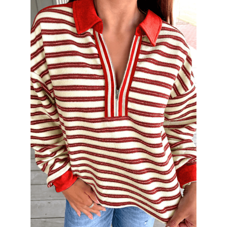 Sofia Red Striped Print Contrast Collar Zip V Neck Long Sleeve Top