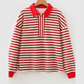 Sofia Red Striped Print Contrast Collar Zip V Neck Long Sleeve Top