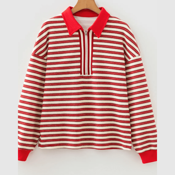 Sofia Red Striped Print Contrast Collar Zip V Neck Long Sleeve Top