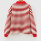 Sofia Red Striped Print Contrast Collar Zip V Neck Long Sleeve Top