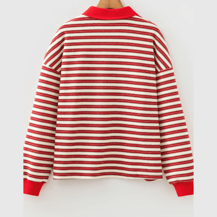 Sofia Red Striped Print Contrast Collar Zip V Neck Long Sleeve Top