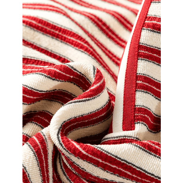 Sofia Red Striped Print Contrast Collar Zip V Neck Long Sleeve Top