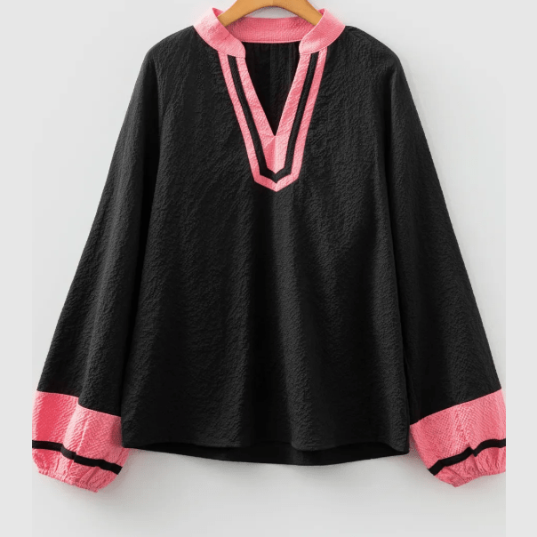 Cindie Black Color Block Patchwork Detail V Neck Textured Long Sleeve Blouse