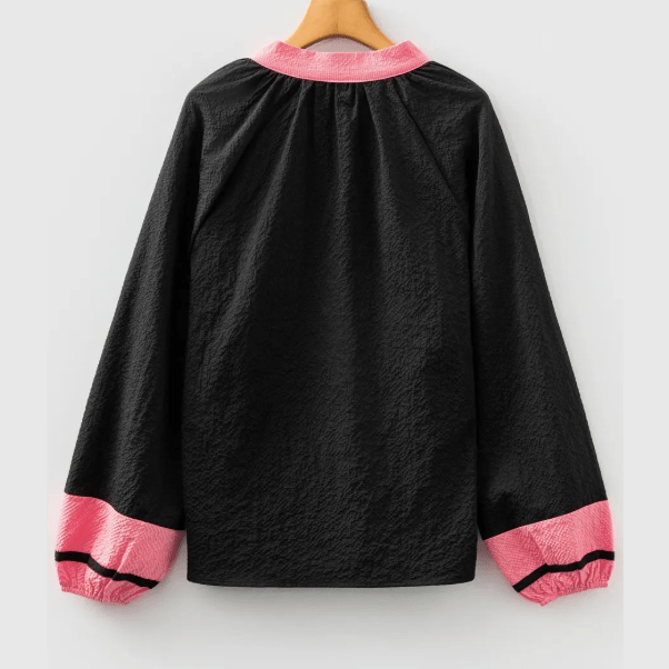 Cindie Black Color Block Patchwork Detail V Neck Textured Long Sleeve Blouse