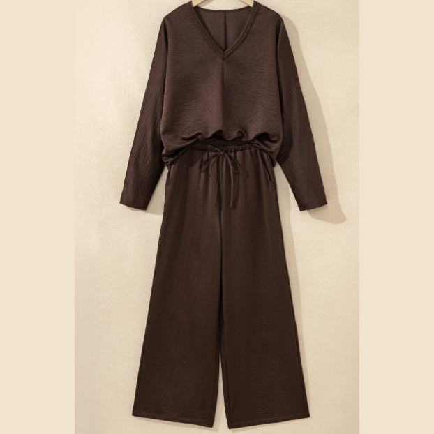 Desiree Dark Brown Braided V Neck Long Sleeve Loose Top and Drawstring High Waist Pants 2pcs Outfit