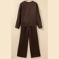 Desiree Dark Brown Braided V Neck Long Sleeve Loose Top and Drawstring High Waist Pants 2pcs Outfit