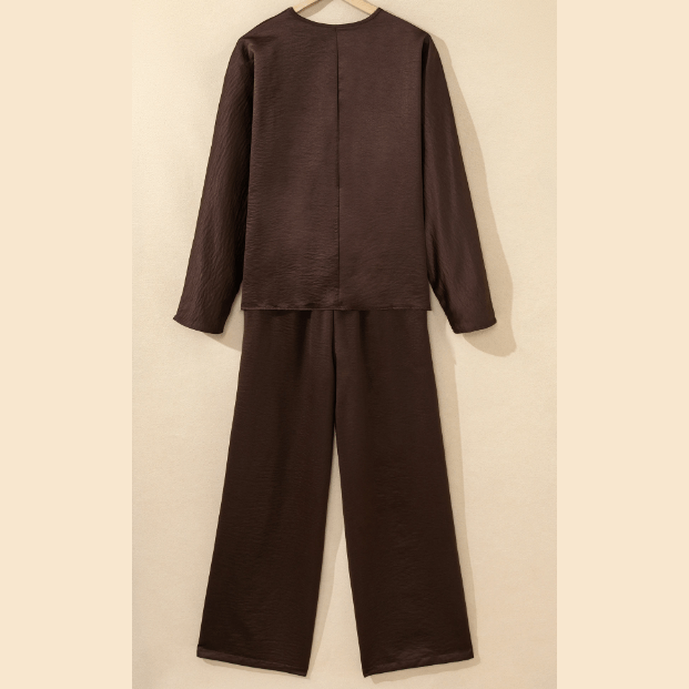 Desiree Dark Brown Braided V Neck Long Sleeve Loose Top and Drawstring High Waist Pants 2pcs Outfit