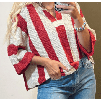 Korban Red Stripe Colorblock V Neck Bracelet Sleeve Sweater