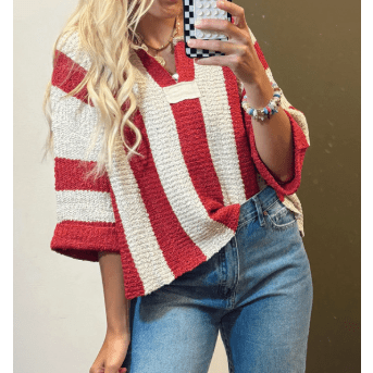 Korban Red Stripe Colorblock V Neck Bracelet Sleeve Sweater