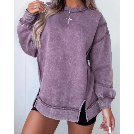 Jettie Purple Mineral Wash Exposed Seam Side Slit Sweatshirt