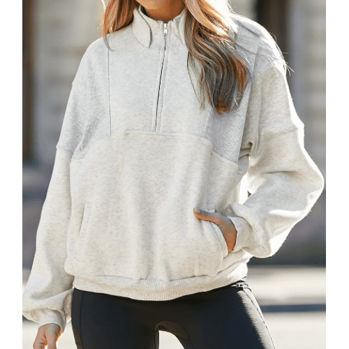 Lexy Grey Half Zip Stand Collar Exposed Seam Solid Color Casual Sweatshirt