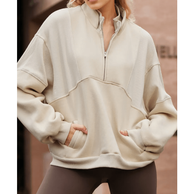 Lexy Apricot Half Zip Stand Collar Exposed Seam Solid Color Casual Sweatshirt